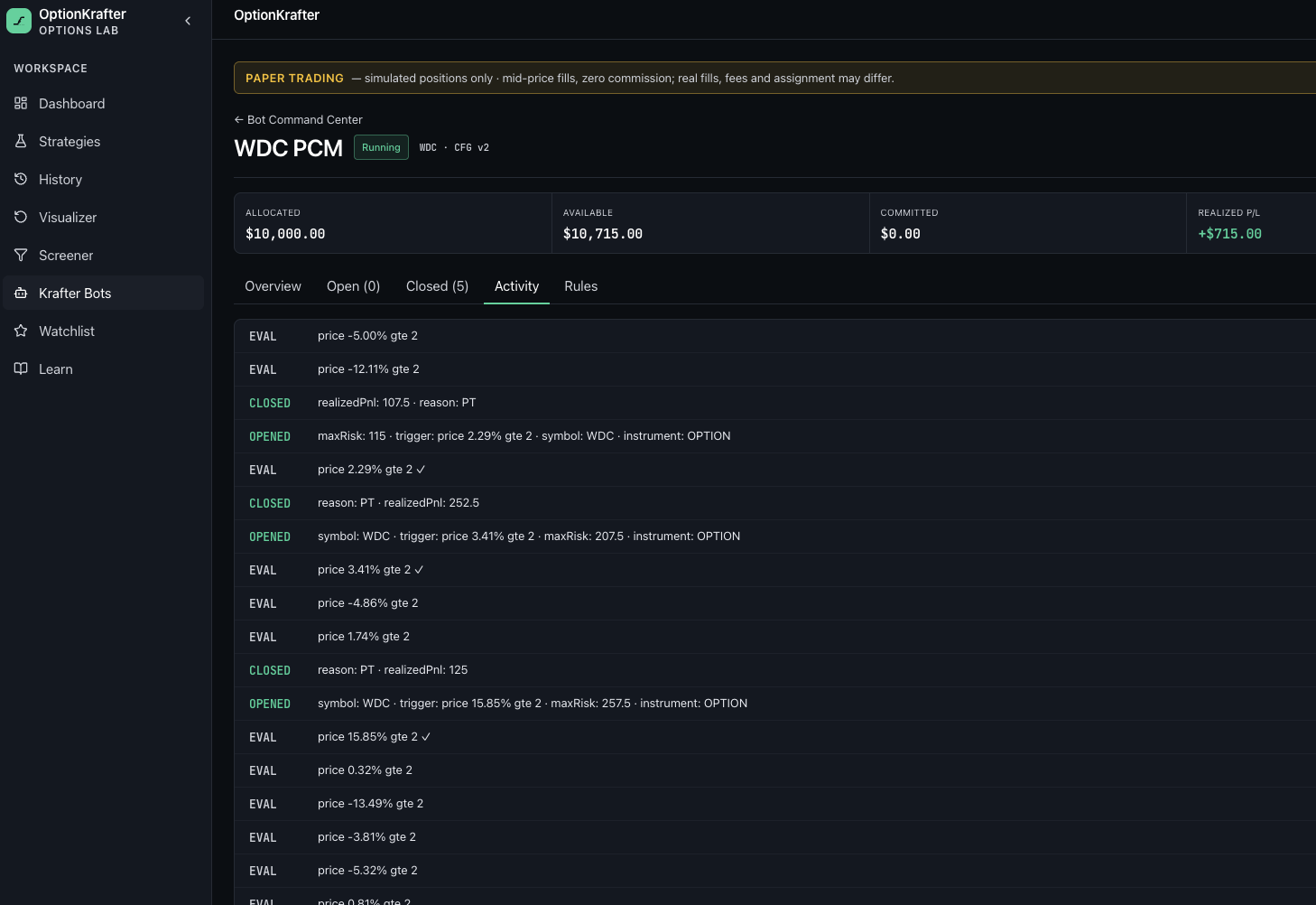 Krafter Bot detail — capital strip and activity log of evaluations and fills