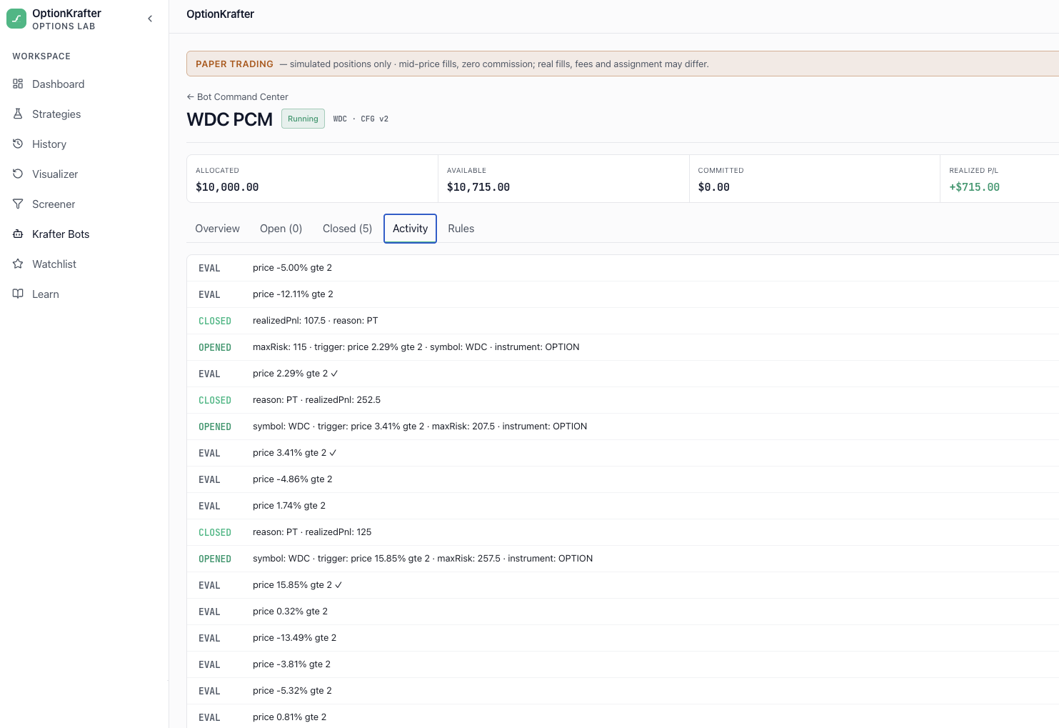 Krafter Bot detail — capital strip and activity log of evaluations and fills